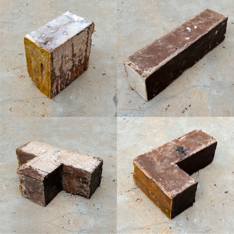 Click the image for a view of: Trob Concept Object set 02 (variants 1 - 4). 2014. Clay, trash, sand, beeswax, candle wax, wax crayon, linseed oil, polyester resin. Dimensions variable
